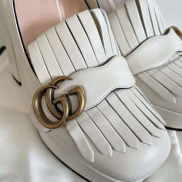 Gucci White Platform Fringe Loafer Pumps with Gold Double G - Picture 4 of 9